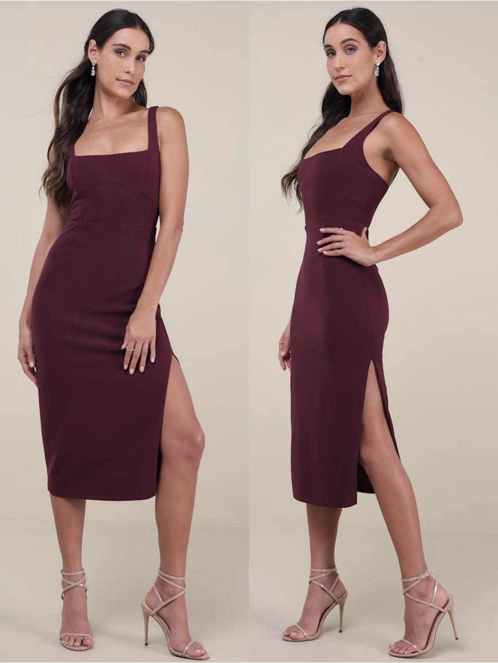 LULUS Burgundy Square Neck Bodycon Clean Girl Wedding Guest Sheath Dress XS
